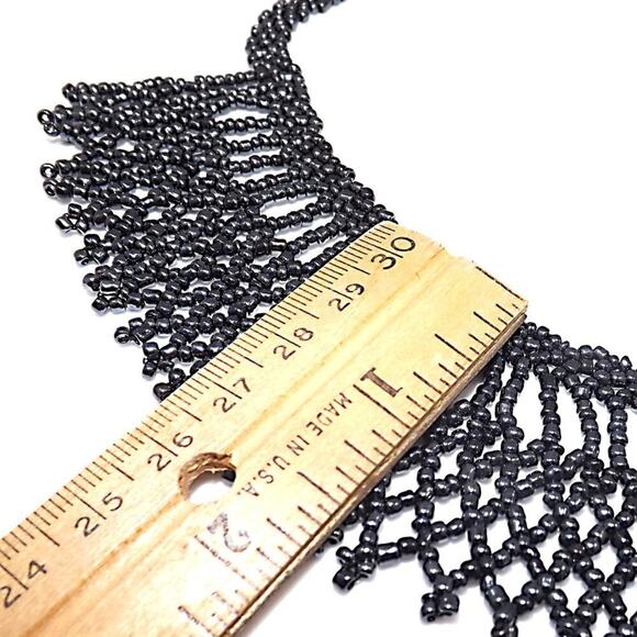 Artisan Beaded Collar Necklace, Metallic Dark Czech Glass Seed Beads, Hand-made - Picture 6 of 8